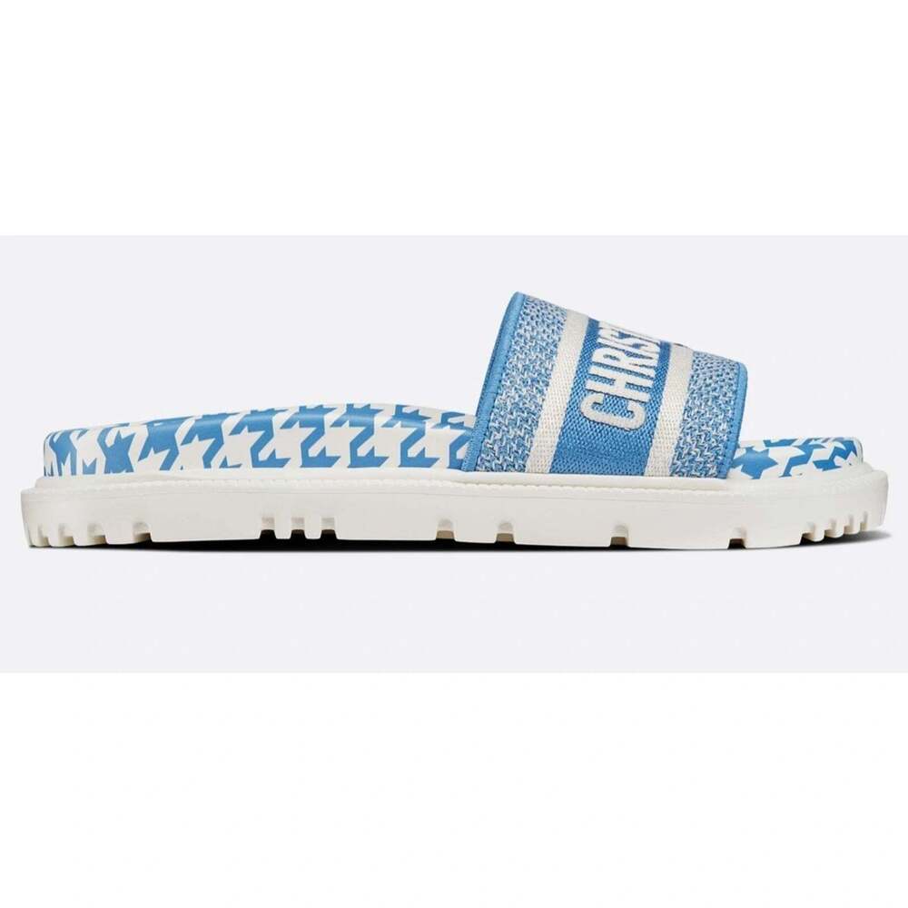 Christian Dior Dway Blue White Logo Houndstooth Slide Mule Flat Flop Sandal 37.5 - Picture 3 of 12